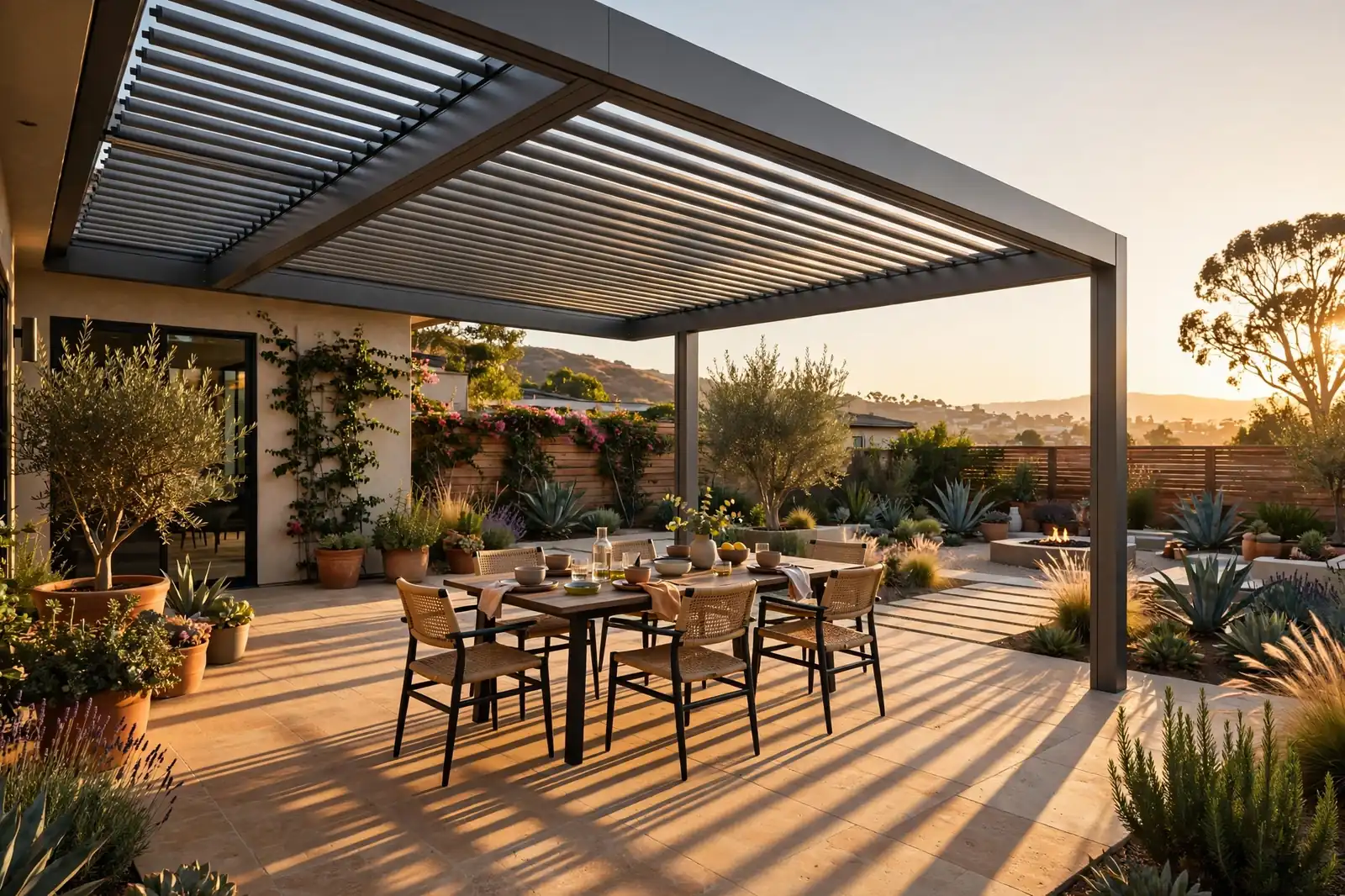 Custom wooden pergola casting louvered shade over a patio